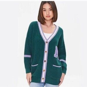 Forever 21 Oversized Cotton Varsity Sweater Cardigan Sz S 28" Pit to pit